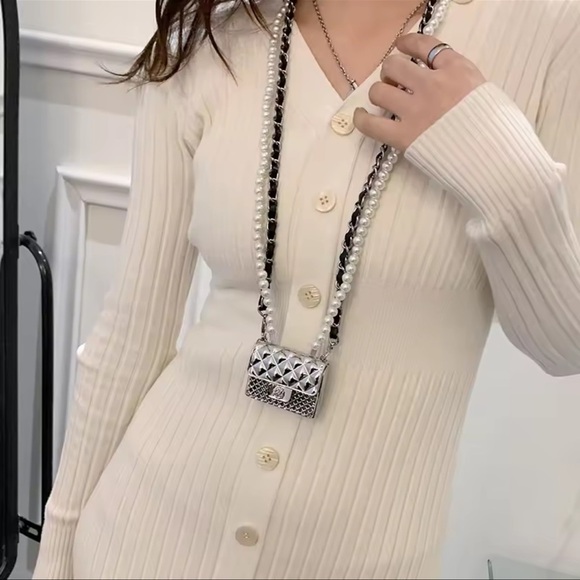 Anthropologie Mini Double Chain Pearl Silver Charm Belt/Bag - Picture 9 of 15